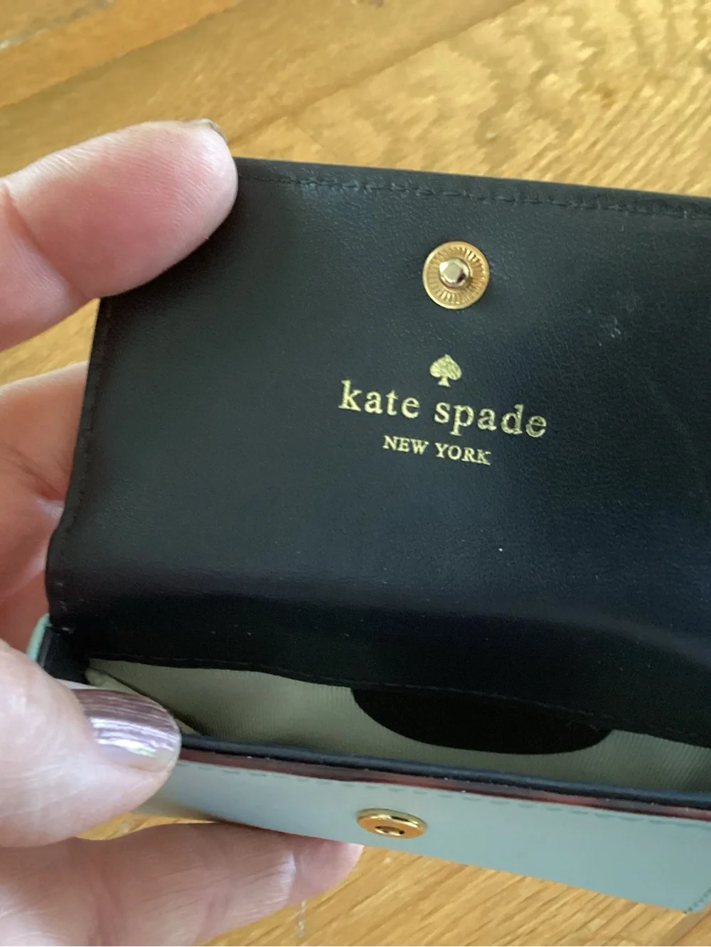 kate spade Light Blue Saffiano Leather Key & Card Holder with Gold Logo